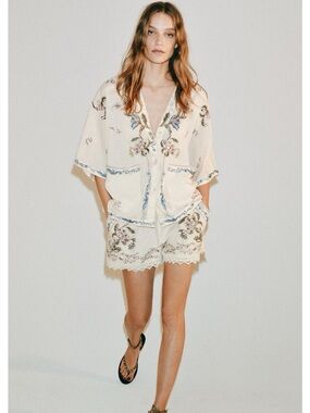 NWT 2 Piece Zara ZW Collection Embroidered Shirt and Shorts